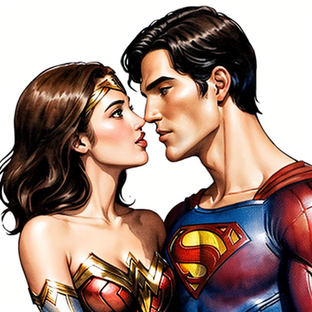 fwonder woman and superman kissing, brown hair,  cartoon style, A simple, minimalistic art with mild colors, using Boho style, aesthetic, watercolor