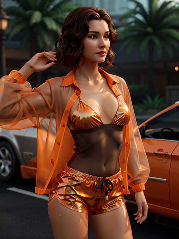 Pixar style, 3d style, Disney style, 8k, Beautiful, woman with short, wavy, brown hair, dressed in orange hawaiian Shirt.,3DMM,wetshirt,wet clothes, see-through clothing, see-through, baggy clothes bonnie rockwaller, transparent clothing, nipples visible through clothing public exposure, transparent clothing., 3D style rendered in 8k using, disney movie effect