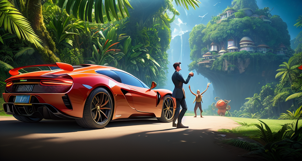 A handsome billionaire is holding out his hands to catch money falling from the sky, standing next to the most expensive supercar in the world and a luxurious, majestic billion-dollar villa with a fresh space, money is falling from the sky. down from the sky, Pixar, Disney, concept art, 3d digital art, Maya 3D, ZBrush Central 3D shading, bright colored background, radial gradient background, cinematic, Reimagined by industrial light and magic, 4k resolution post processing, Bangs, in a jungle