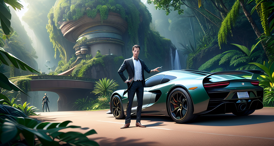 A handsome billionaire is holding out his hands to catch money falling from the sky, standing next to the most expensive supercar in the world and a luxurious, majestic billion-dollar villa with a fresh space., Pixar, Disney, concept art, 3d digital art, Maya 3D, ZBrush Central 3D shading, bright colored background, radial gradient background, cinematic, Reimagined by industrial light and magic, 4k resolution post processing, Bangs, in a jungle