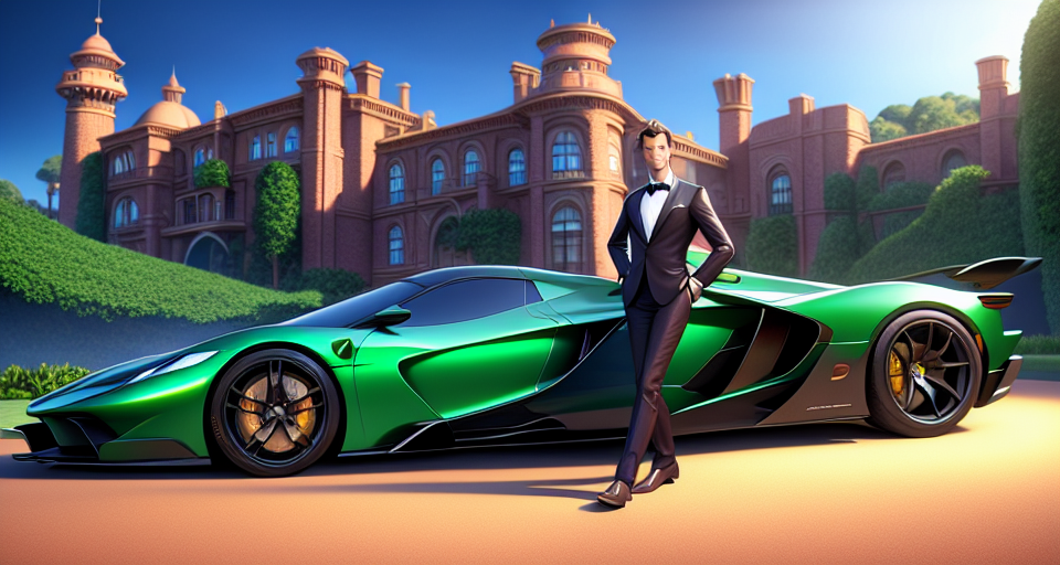 A handsome billionaire stands next to the world's most expensive supercar and a luxurious, majestic billion-dollar mansion with a fresh space., Pixar, Disney, concept art, 3d digital art, Maya 3D, ZBrush Central 3D shading, bright colored background, radial gradient background, cinematic, Reimagined by industrial light and magic, 4k resolution post processing, Bangs, in a jungle