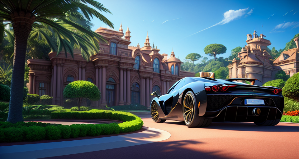A handsome billionaire stands next to the world's most expensive supercar and a luxurious, majestic billion-dollar mansion with a fresh space., Pixar, Disney, concept art, 3d digital art, Maya 3D, ZBrush Central 3D shading, bright colored background, radial gradient background, cinematic, Reimagined by industrial light and magic, 4k resolution post processing, Bangs, in a jungle