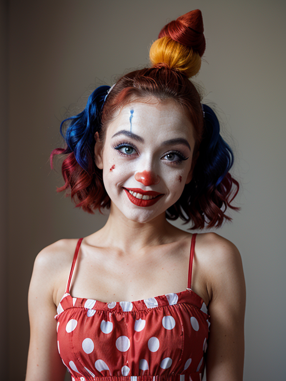 Female clown. Female clown  Makeup. Smile. Blue and white and red dress. 