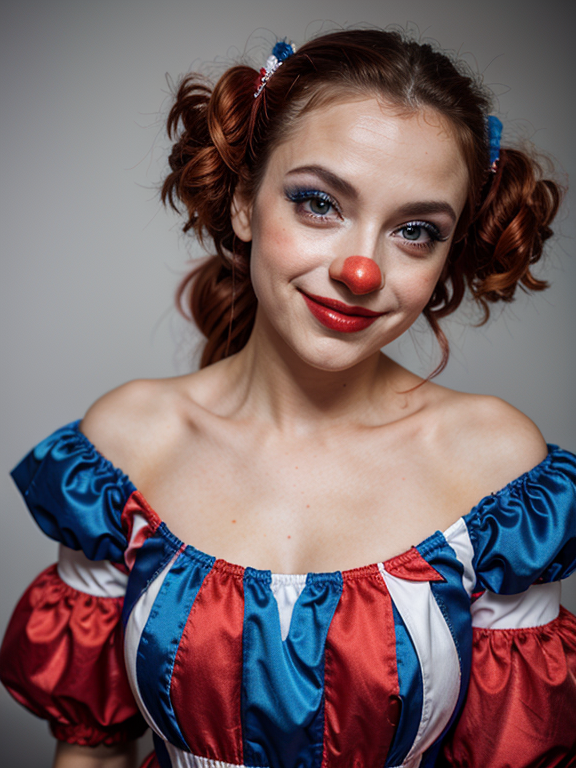 Female clown. Female clown  Makeup. Smile. Blue and white and red dress. 