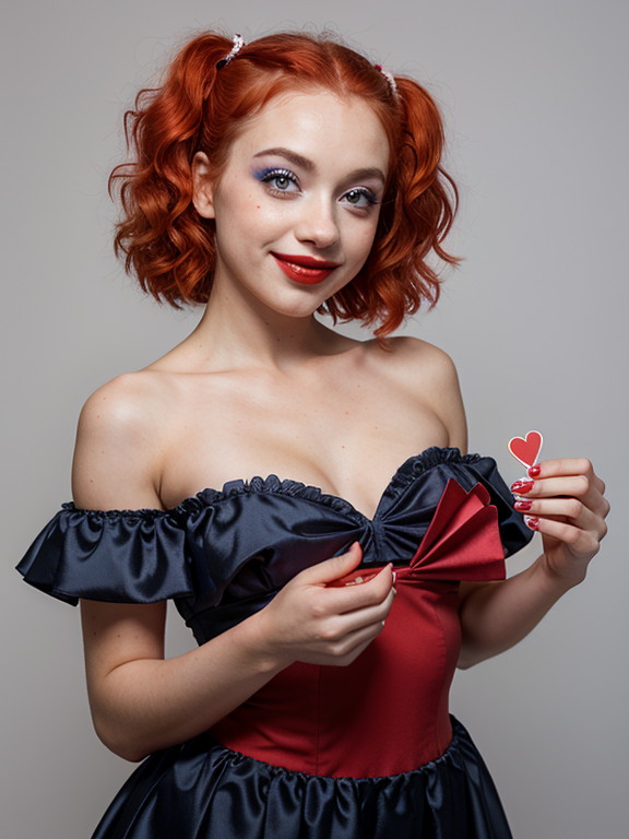 Female clown. Female clown  Makeup. Smile. Blue and white and red dress. Card trick. Curly red hair.