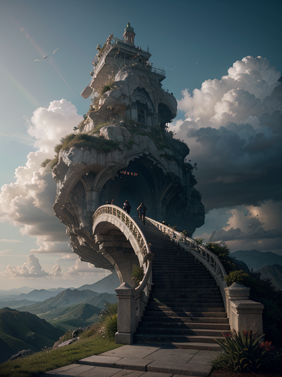 stairway to heaven, sky full of clouds, art by greg rutkowski and peter mohrbacher, featured in artstation, octane render, cinematic, elegant, intricate, ultra detailed, rule of thirds, professional lighting, unreal engine, fantasy, concept art, sharp focus, illustration, 8 k