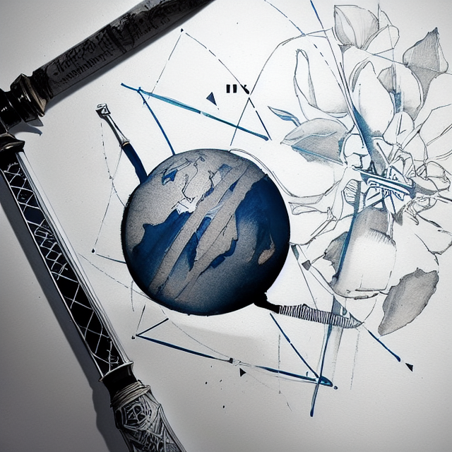 A logo with the globe and a sword whose blade has the written HistoryTG News on, white background behind the triangle with no objects, in Agnes Cecile art style, illustration, ink illustration, white background, Make a logo with Tea and Bloom