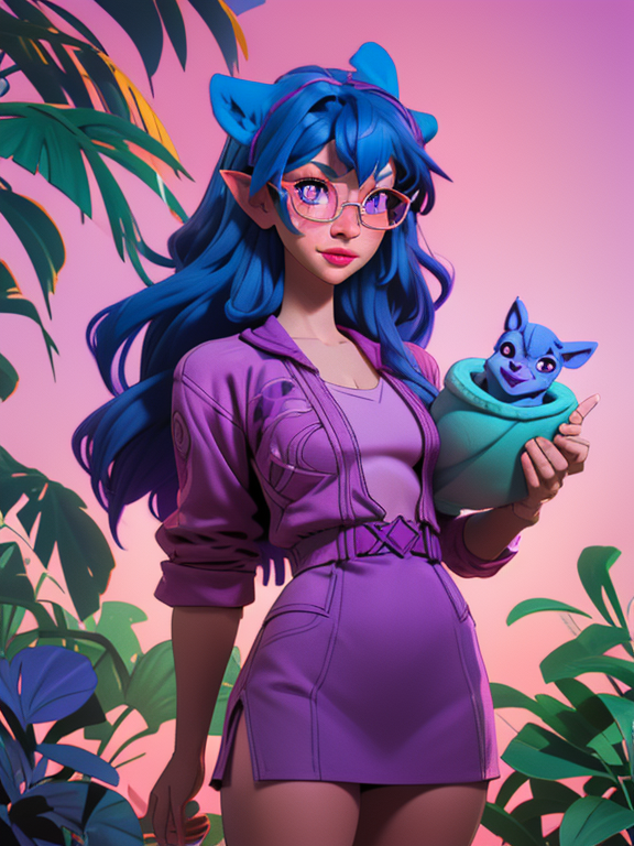 Girl with wavy purple and blue hair with pink dog ears, oversized glasses, purple sundress , Pixar, Disney, concept art, 3d digital art, Maya 3D, ZBrush Central 3D shading, bright colored background, radial gradient background, cinematic, Reimagined by industrial light and magic, 4k resolution post processing, Bangs, in a jungle