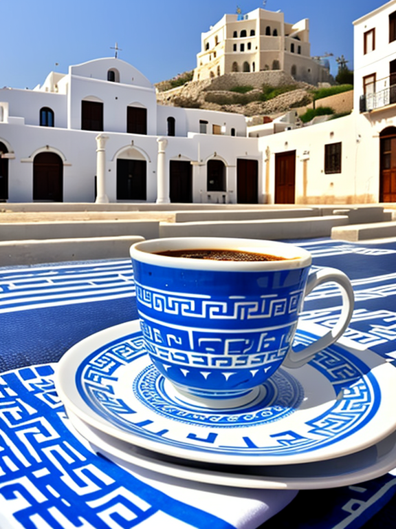 1 Greek coffee cup blue and white with blue and white buildings behind it