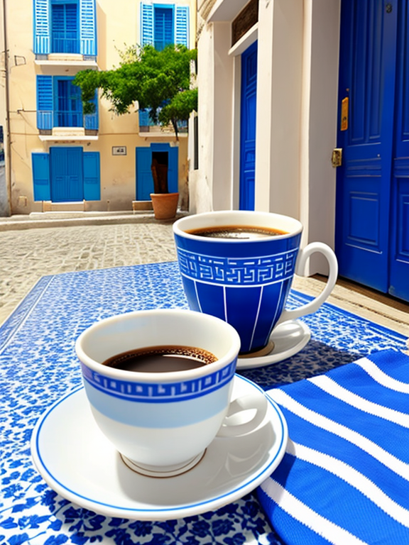 1 Greek coffee cup blue and white with blue and white buildings behind it