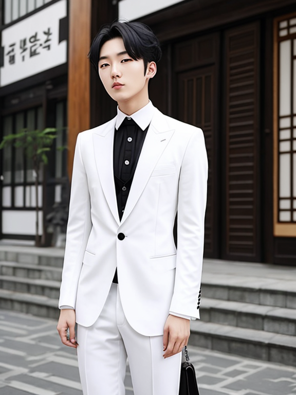 korean male in gothic white suit - OpenDream