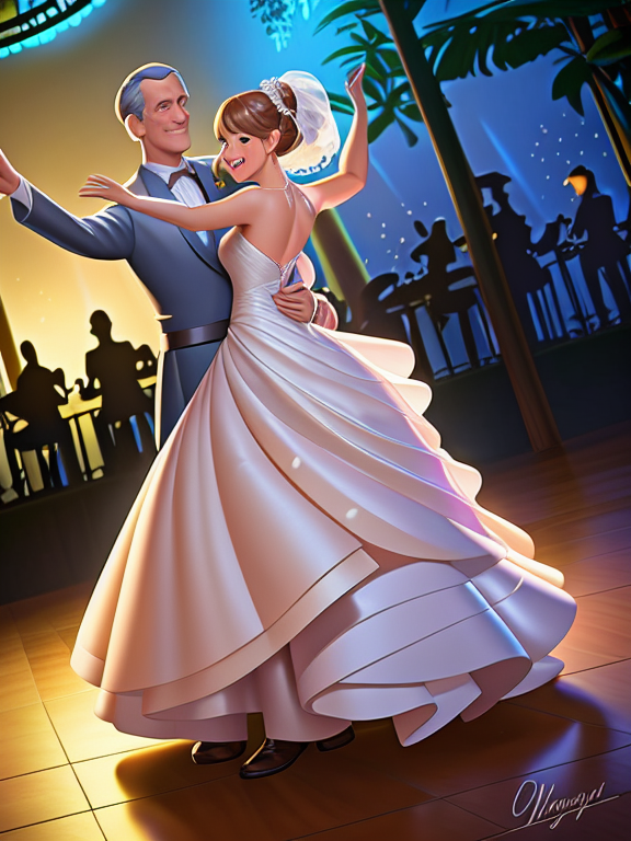 Father and daughter dance at wedding, Pixar, Disney, concept art, 3d digital art, Maya 3D, ZBrush Central 3D shading, bright colored background, radial gradient background, cinematic, Reimagined by industrial light and magic, 4k resolution post processing, Bangs, in a jungle