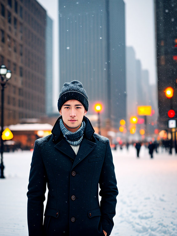 a man half body standing, looking in camera, winter snow, blurry city background 