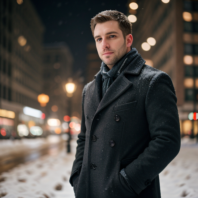 epiCRealism, a man half body standing, looking in camera, winter snow, blurry city background , full shot, deep photo, depth of field, Superia 400, bokeh, realistic lighting, professional colorgraded, a male