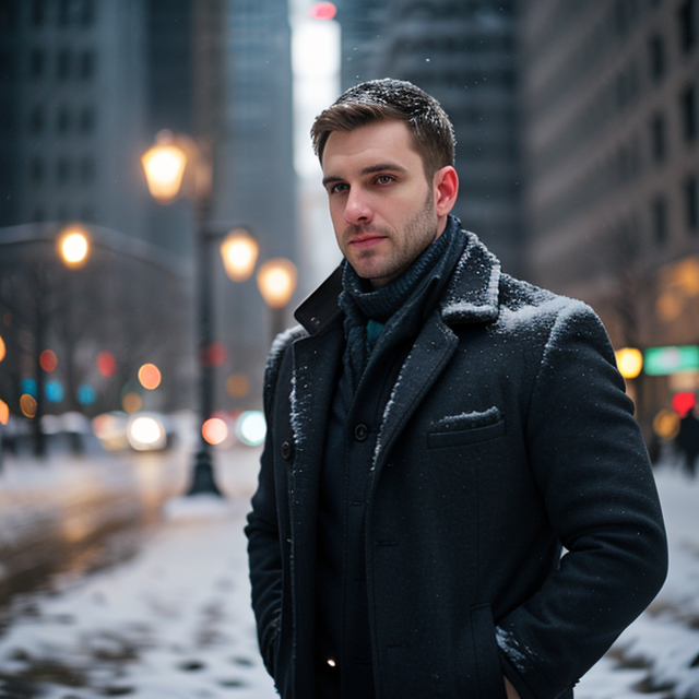 epiCRealism, a man in jacket half body standing, looking in camera, winter snow, blurry city background , full shot, deep photo, depth of field, Superia 400, bokeh, realistic lighting, professional colorgraded, a male