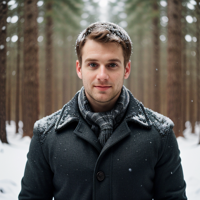 epiCRealism, a man half body standing, looking in camera, winter snow, blurry forest background , full shot, deep photo, depth of field, Superia 400, bokeh, realistic lighting, professional colorgraded, a male