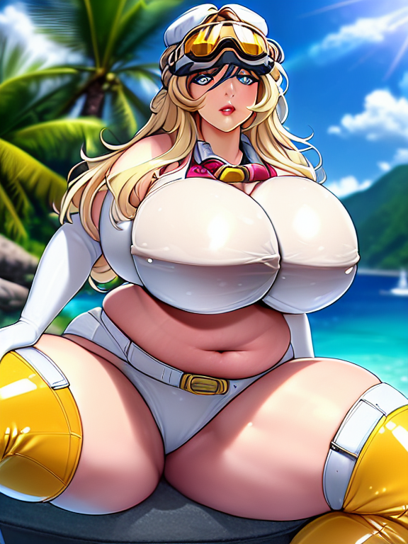 extremly massive boobs, thick legs, belly obese woman , extra large breasts, fat, thick lips, anime girl, expressive eyes, high quality, best resolution, not blurry, blonde hair, bikini, the biggest boobs in the world, ((best quality)), (highly detailed)), Masterpiece, ((official art)), (detailed eyes, deep eyes), (1girl:1, 33, solo), low-tied long hair,  hair rings, Medium breasts,  wide hips, thick thighs, ((:p)), skin tight, Latex, thigh boots,  (goggles, goggles on head), (white gloves), belt