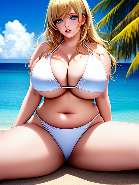 extremly massive boobs, thick legs, belly obese woman , extra large breasts, fat, thick lips, anime girl, expressive eyes, high quality, best resolution, not blurry, blonde hair, bikini, the biggest boobs in the world