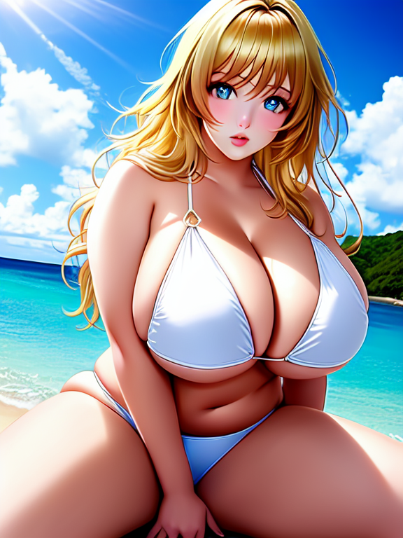 extremly massive boobs, thick legs, belly obese woman , extra large breasts, fat, thick lips, anime girl, expressive eyes, high quality, best resolution, not blurry, blonde hair, bikini, the biggest boobs in the world
