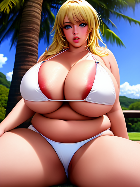 extremly massive boobs, thick legs, belly obese woman , extra large breasts, fat, thick lips, anime girl, expressive eyes, high quality, best resolution, not blurry, blonde hair, bikini, the biggest boobs in the world, giant nipples, horny