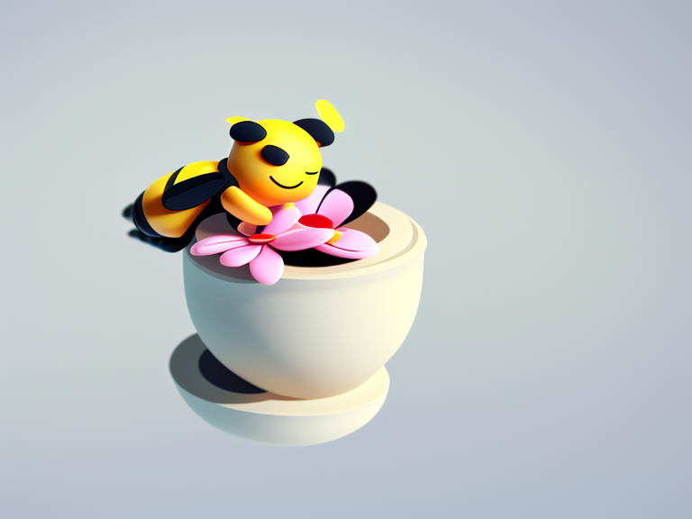 Tiny, Clay style, 3D, tiny, cute, stay center, logo of bee drinking flower, adorable, Floating, High quality, 3d render, Emoji