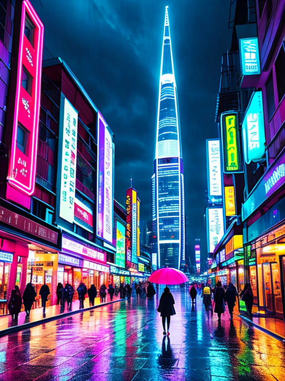 Future world, rainy day, peoples carrying umbrella, neon buildings, night time