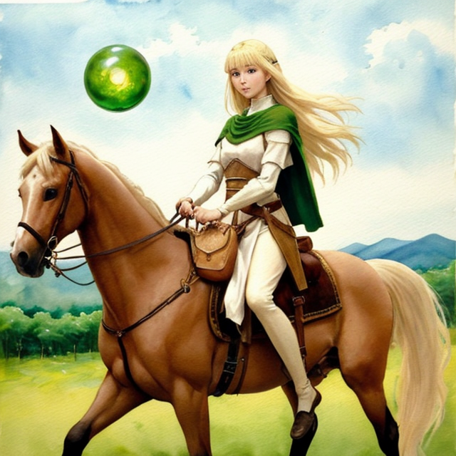 a blonde medieval girl with pale skin riding a horse, with a bag holding a glowing green orb of ooze secured to her , A simple, minimalistic art with mild colors, using Boho style, aesthetic, watercolor, Semi realistic, Semi realistic, semi realistic anime art, semi realistic anime art, Semi realistic anima art style, Blended oil painting, Oil paint, Oil painting