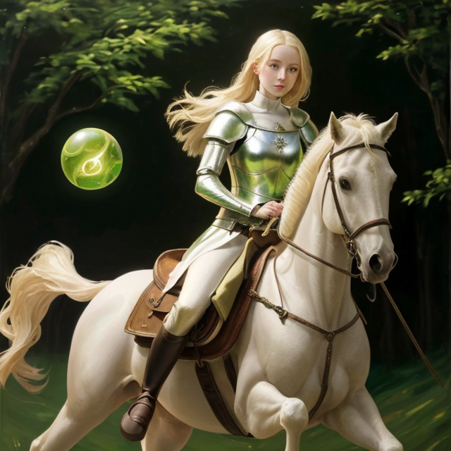 a blonde medieval girl with pale skin riding a horse, with a bag holding a glowing green orb of ooze secured to her , Blended oil painting, Oil paint, Oil painting, High pretty realistic quality oil painting