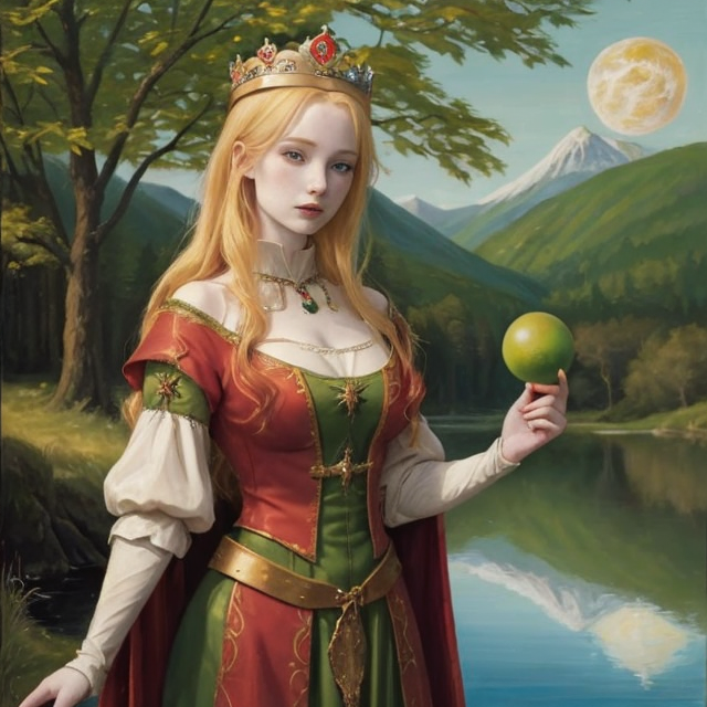 a blonde medieval girl with pale skin holding a green orb above a lake with a red headed man in a crown standing next to her, Blended oil painting, Oil paint, Oil painting, High pretty realistic quality oil painting