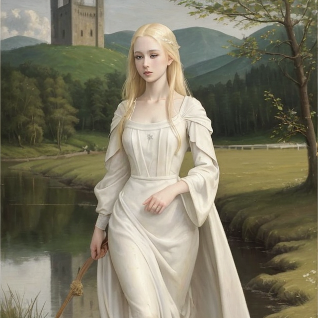 a blonde medieval girl with pale skin and sad expression leaving a lake in a thin white gown, and going to a horse, Blended oil painting, Oil paint, Oil painting, High pretty realistic quality oil painting