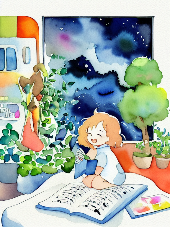 Children's book, ART detailed cartoon clip art watercolor illustration Cartoon, a young woman on a space shuttle with musical notes, happy, watercolor and ink illustration in the style of Studio Ghibli Beige, bedding colors cute, Abstract --v 4, cartoon style,  with the cute garden in the back clipart, isolated on white background, hd