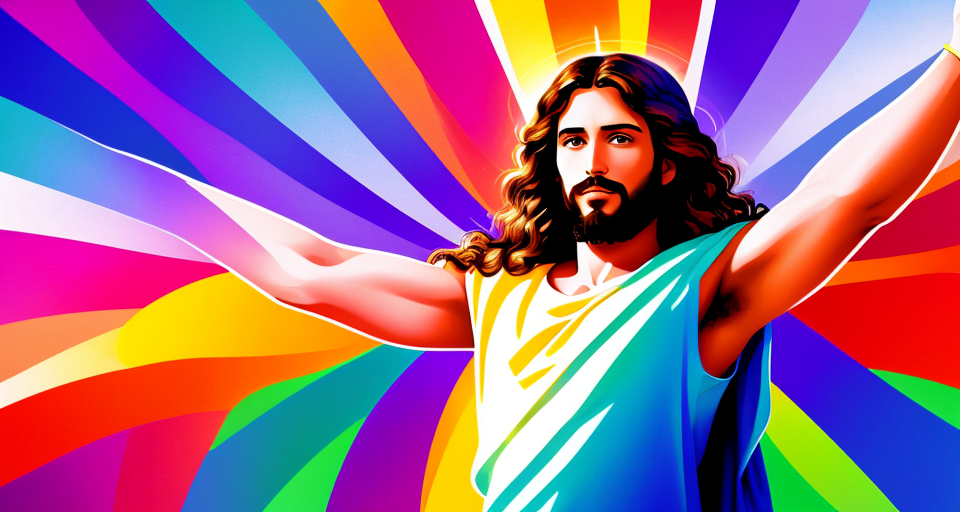 32k HQ Wallpaper design template of Jesus love, a beautiful and inspiring moment, featuring Jesus with his arms outstretched, and surrounded by a burst of radiant light and vibrant colors