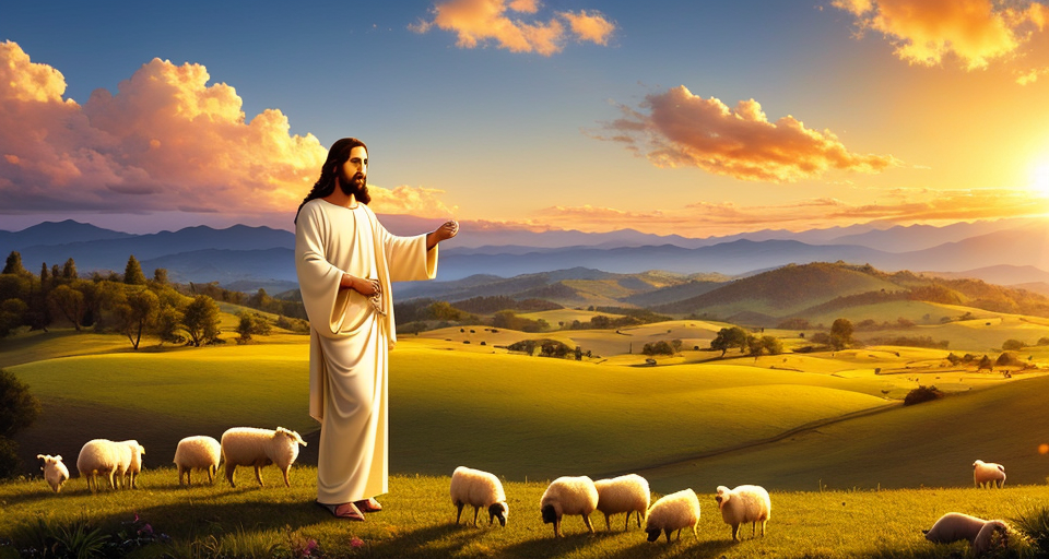 32k HQ Wallpaper design template of Jesus love, an image of divine grace and compassion, featuring Jesus holding a small flock of sheep, surrounded by a lush landscape of rolling hills and a golden sunset