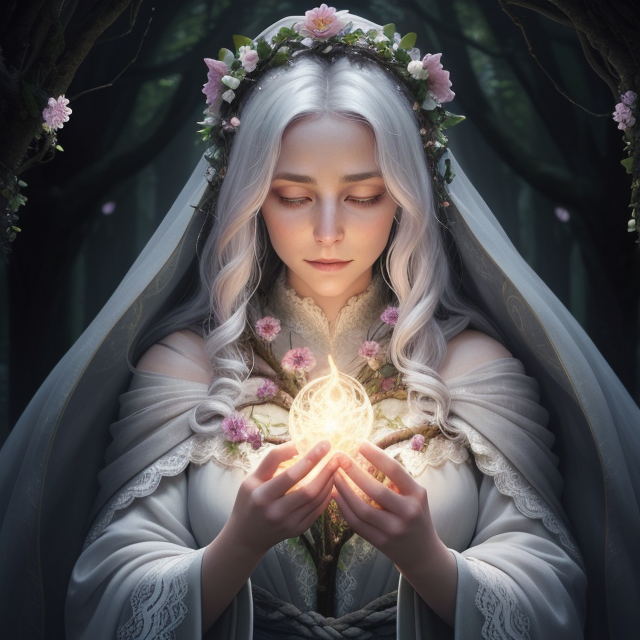 Artistic, Creativity, there is a woman with white hair performing magic in a dark temple. she is shrouded in darkness. she performs this magic at an alter. she is surrounded by stone. her gown is white lace. the magic gives off a purple glow, The druid is depicted in an almost painterly manner, with bold brushstrokes and vivid colors, painterly style, bold brushstrokes, vivid colors, The swirling patterns of the druid's robe appear as if they are crafted from living vines, moving with an animated grace, swirling patterns, living vines, animated, Their eyes exude a mesmerizing glow, reflecting their connection to mystical energies, mesmerizing glow, mystical energies, A crown of intertwined branches and flowers adorns the druid's head, emphasizing their status as a nature guardian, crown of branches, flowers, nature guardian, evoking a sense of otherworldly wonder, starlit skies, otherworldly wonder, this artistic portrayal celebrates the druid's imaginative spirit and their ability to weave magic into reality., Photorealistic, Hyperrealistic, Hyperdetailed, analog style, detailed skin, matte skin, soft lighting, subsurface scattering, realistic, heavy shadow, masterpiece, best quality, ultra-realistic, 8k, Intricate) High Detail, film photography, sharp focus, detailed skin texture, elegant, showcases their creativity and magical prowess