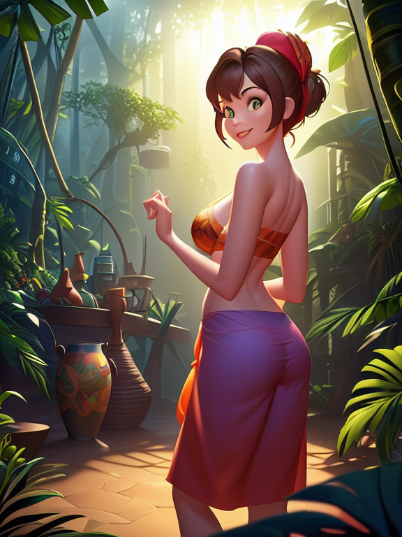 undress, Pixar, Disney, concept art, 3d digital art, Maya 3D, ZBrush Central 3D shading, bright colored background, radial gradient background, cinematic, Reimagined by industrial light and magic, 4k resolution post processing, Bangs, in a jungle