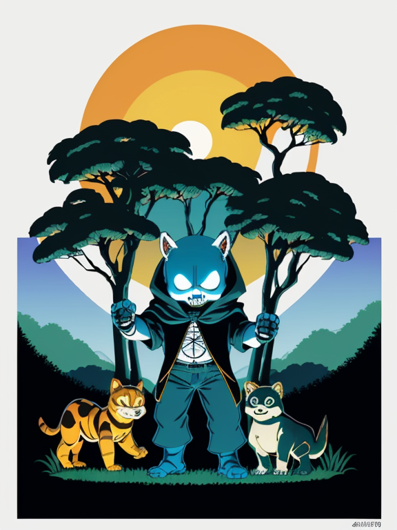 sans undertale, planar vector, character design, japan style artwork, on a shamanic vision quest, with beautiful nocturnal sun and lush Amazon jungle in the background, subtle geometric patterns, clean white background, professional vector, full shot, 8K resolution, deep impression illustration, sticker type, vibrant color, colorful background, a painting illustration , 2D
