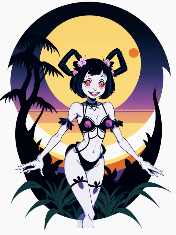 muffet undertale, planar vector, character design, japan style artwork, on a shamanic vision quest, with beautiful nocturnal sun and lush Amazon jungle in the background, subtle geometric patterns, clean white background, professional vector, full shot, 8K resolution, deep impression illustration, sticker type, vibrant color, colorful background, a painting illustration , 2D