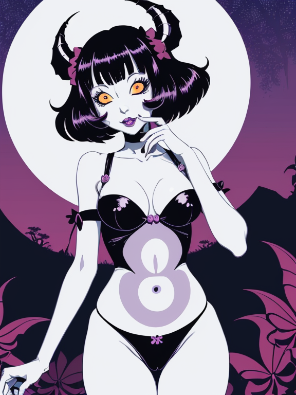 sexy muffet undertale, planar vector, character design, japan style artwork, on a shamanic vision quest, with beautiful nocturnal sun and lush Amazon jungle in the background, subtle geometric patterns, clean white background, professional vector, full shot, 8K resolution, deep impression illustration, sticker type, vibrant color, colorful background, a painting illustration , 2D