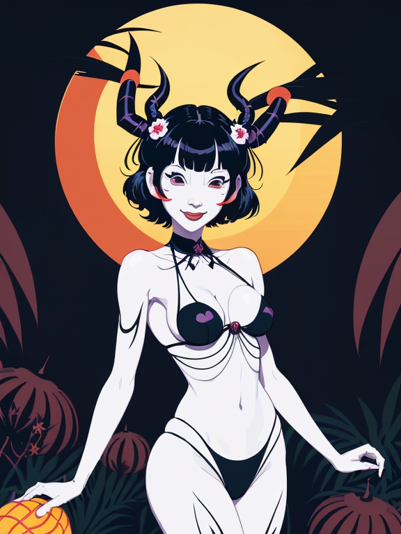 sexy muffet , planar vector, character design, japan style artwork, on a shamanic vision quest, with beautiful nocturnal sun and lush Amazon jungle in the background, subtle geometric patterns, clean white background, professional vector, full shot, 8K resolution, deep impression illustration, sticker type, vibrant color, colorful background, a painting illustration , 2D
