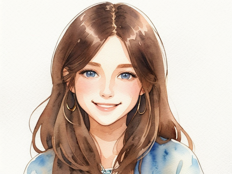 Long brown hair, blue eyes, rounded figure, smile, A simple, minimalistic art with mild colors, using Boho style, aesthetic, watercolor