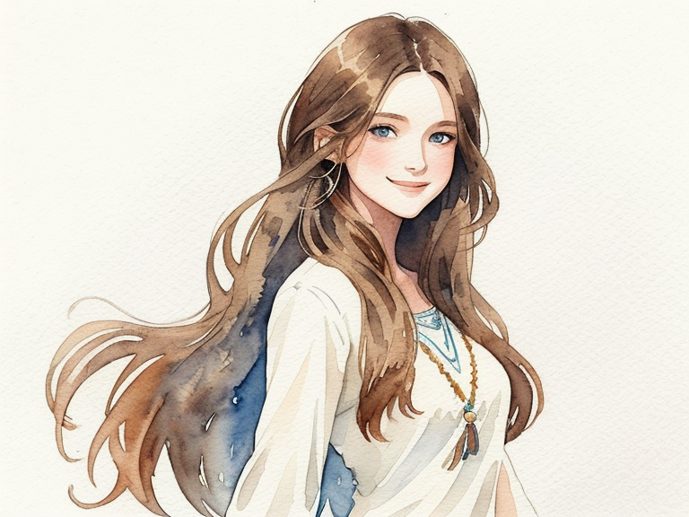 Long brown hair, blue eyes, rounded figure, smile, A simple, minimalistic art with mild colors, using Boho style, aesthetic, watercolor