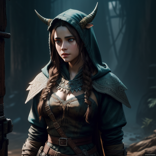 detailed symmetric beautiful hazel eyes, A young looking early twenties  shorter female satyr with brown hair, with medival looking prisoner clothes with a hood covering her head and a belt with two daggers attached horns in sight and emphasis on the blue eyes and darker colored clothes with the belt and the two daggers visable and visbale goat legs SHE HAS BLUE EYES FFS, apocalyptic environment, splatter drippings, style of Horizon Zero Dawn, style of Brian Froud, Carne Griffiths, Wadim Kashin, John William Waterhouse, centre image, golden hour, 8k, soft lighting aesthetic, edge-to-edge print, volumetric lighting, TanvirTamim, cinematic, colorful background, concept art, dramatic lighting, high detail, highly detailed, hyper realistic, intricate, intricate sharp details, octane render, smooth, studio lighting, trending on artstation