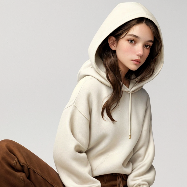 make a painting about a 13 old girl with white skin, light brown eyes with a small nose, normal lip, wavy brown hair, with a white sweater with a hood and blue large pants, A simple, minimalistic art with mild colors, using Boho style, aesthetic, watercolor