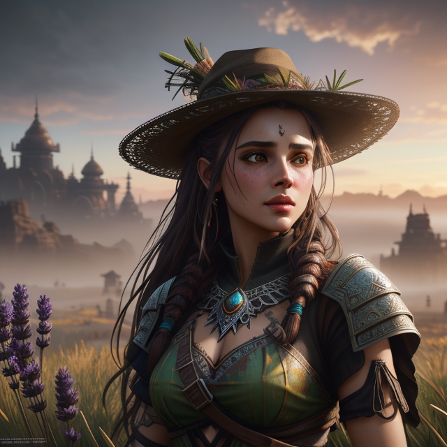 detailed symmetric beautiful hazel eyes, pointed hat covered in grass with lavender and rosemary, apocalyptic environment, splatter drippings, style of Horizon Zero Dawn, style of Brian Froud, Carne Griffiths, Wadim Kashin, John William Waterhouse, centre image, golden hour, 8k, soft lighting aesthetic, edge-to-edge print, volumetric lighting, TanvirTamim, cinematic, colorful background, concept art, dramatic lighting, high detail, highly detailed, hyper realistic, intricate, intricate sharp details, octane render, smooth, studio lighting, trending on artstation