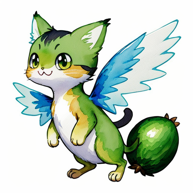 make me a flying cat with avocado costume and wings in in pixels, nice art, well hand-drawn art, colorful, Small body, Cute animal, Cute clothing, Full body, Cute Eyes, Cute expressions, Watercolor style, Storybook style, Character Design, Illustrator, Digital watercolor, White background, Cartoon style, Kawaii, white background, one single character, pokemon style