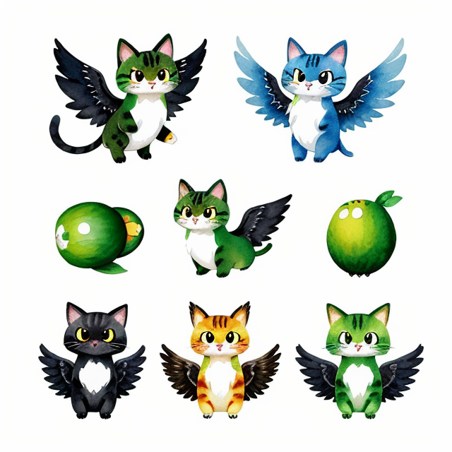 make me a flying cat with avocado costume and wings in in pixels, nice art, well hand-drawn art, colorful, Small body, Cute animal, Cute clothing, Full body, Cute Eyes, Cute expressions, Watercolor style, Storybook style, Character Design, Illustrator, Digital watercolor, White background, Cartoon style, Kawaii, white background, one single character, pokemon style