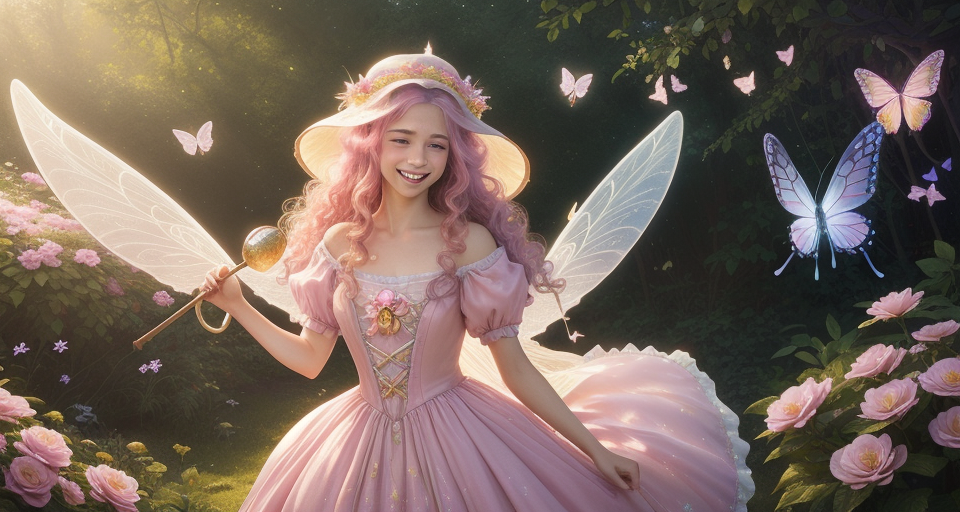 Artistic, Creativity, a  girl with light pink long hair with shinning little star wearing a long princess dress, enchanting attire whimsical colors, dreamlike setting, floating pastel clouds, garden of surreal flowers:1.1, ethereal brush strokes, playful creatures, sparkling stars, radiant smile, glimmering eyes, magical ambiance, curly locks adorned with butterflies, teapot hat, caterpillar companion, paintbrush scepter, fantastical adventures, canvas of imagination, painted wing, laughing in wonder, enchanted forest backdrop, brushes of creativity, joyful expression, floating in a bubble, name: Alice, Photorealistic, Hyperrealistic, Hyperdetailed, analog style, (detailed skin), (matte skin), (soft lighting), (subsurface scattering), (realistic), (heavy shadow), (masterpiece), (best quality), (ultra realistic), (8k), (Intricate), (High Detail), (film photography), (shrp focus), (detailed skin texture), (elegant)