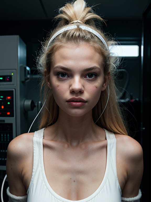 Ultra realistic flawless image of mesmerized Daphne Groeneveld undergoing mind programming, Realistic lighting, high quality image dumb retarded mindless Daphne Groeneveld undergoing electroshock procedure, while being sedated, wearing a extremely fuzzy fluffy white jumpsuit, heavily restrained in Electroconvulsive therapy machine undergoing Electroconvulsive therapy with electrodes on head, mental hospital, electro shock therapy
