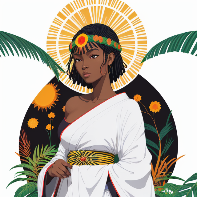 Angolan Black Woman, planar vector, character design, japan style artwork, on a shamanic vision quest, with beautiful nocturnal sun and lush Amazon jungle in the background, subtle geometric patterns, clean white background, professional vector, full shot, 8K resolution, deep impression illustration, sticker type, vibrant color, colorful background, a painting illustration , 2D