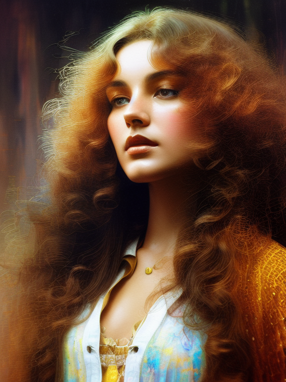 70s  styled young woman. Psychedelic. Long brown permed hair. Brown, yellow and orange. , ethereal background, abstract beauty, approaching perfection, pure form, golden ratio, minimalistic, concept art, by Brian Froud and Carne Griffiths and Wadim Kashin and John William Waterhouse, intricate details, 8k post production, high resolution, hyperdetailed, trending on artstation, sharp focus, studio photo, intricate details, highly detailed, by greg rutkowski, line art watercolor wash, watercolor, drawing art, Porcelain skin color, brushstroke painting technique, drawing art,